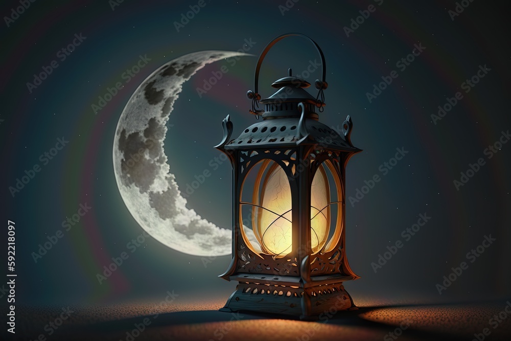 Eid mubarak background, Mosque in the moonlight at night 3D illustration, Arabic lanterns, AI Generative.