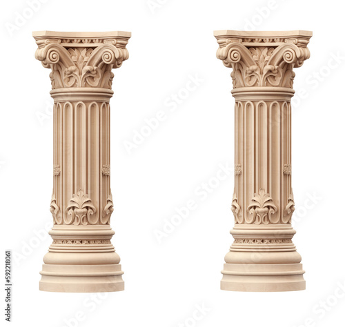 Architectural beige columns Ionic order isolated on transparent png background. Generative ai