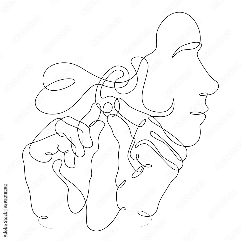 One continuous line. Beautiful girl with an earring in her ear. The