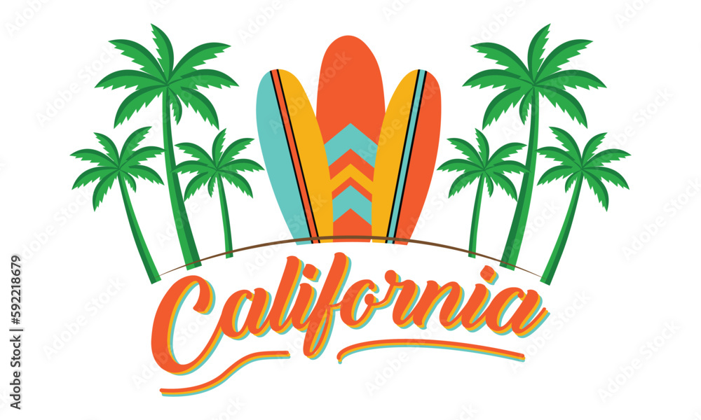California T-shirt Design Vector Illustration Surf all Day, Slogan Text With Palm Trees And Surf Boards. For T-shirt Prints And Other Uses .And Apparel Trendy Design With Palm Trees Silhouettes 