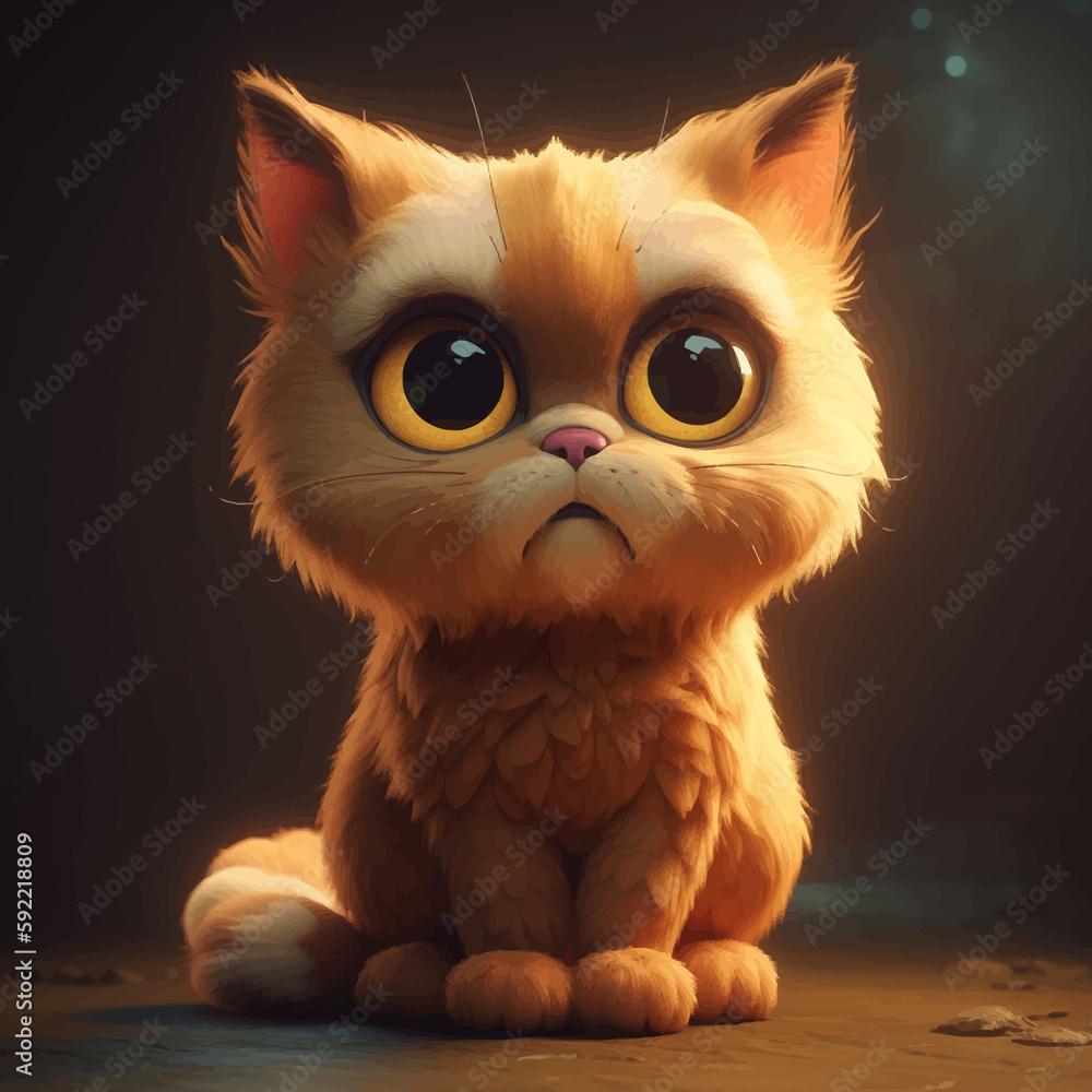 Super Cute little cat. White Kitty with big eyes. Funny cartoon character. 3D illustration.