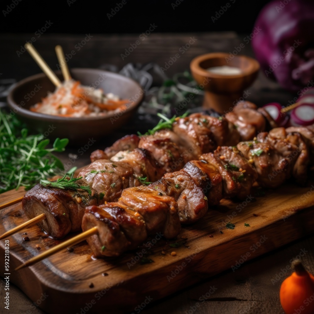 Succulent grilled meat skewers on a wooden platter