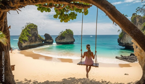 Beautiful girl on swing coconut palms on beach at Daimond beach, Nusa Penida island Bali ,Indonesia Generative AI