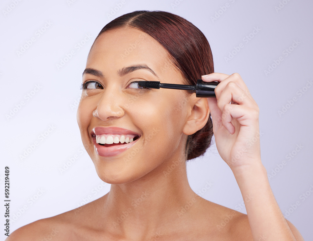 Face, mascara makeup or happy woman in studio isolated on white background in facial treatment. Skincare beauty, grooming brush or girl model smiling with tools or luxury self care eyelash cosmetics