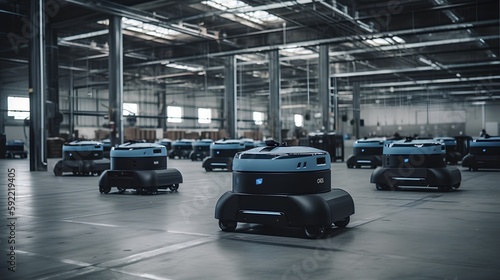 Advanced autonomous robots working seamlessly in a smart factory, leveraging AI and machine learning for efficient warehouse automation and assistive robotics. Optimizing operations. Generative AI