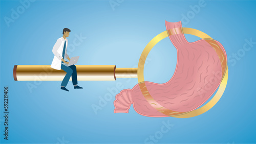 Man doctor with big magnifying glass, focus, looking at stomach, abdomen. Ulcer, digestion, heartburn, function. Dimension 16:9. Vector illustration.