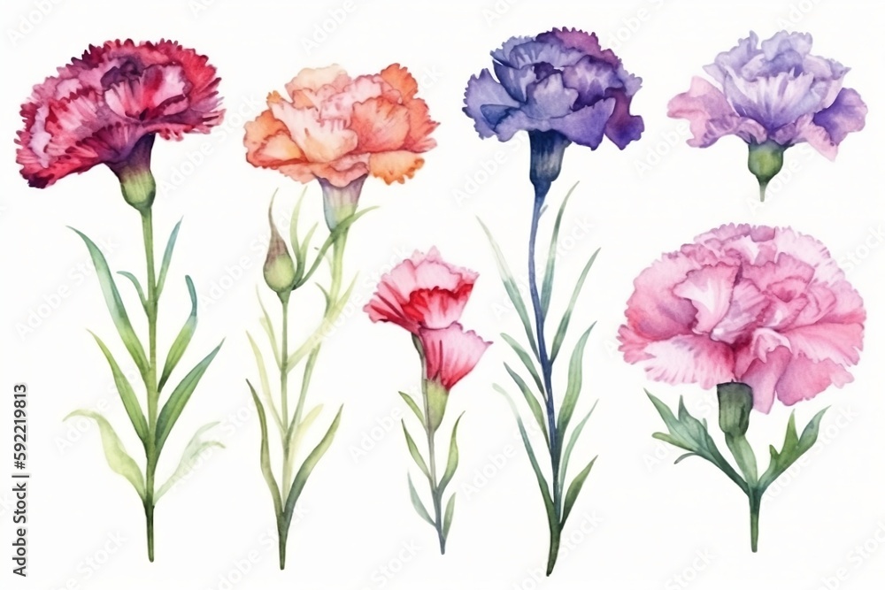water color illustration of a stems of carnation flower, prints, cards, invitation for debut, birthday and wedding.