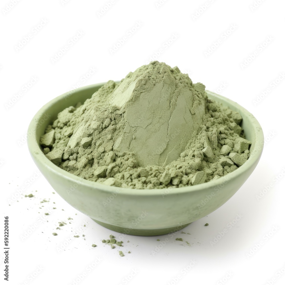 Super fine organic green clay powder in a green clay bowl on white background cosmetic treatment Generative AI Illustration