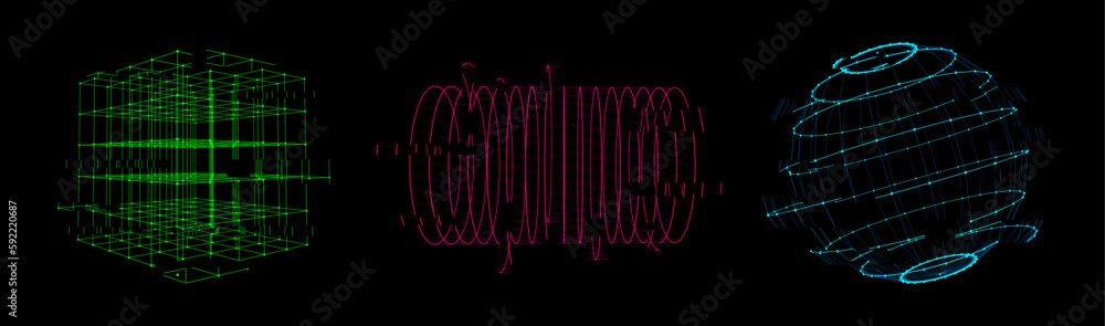 Vector futuristic glitch sphere, cube, cylinder of particles and lines. Network connection big data. Abstract technology background. Vector futuristic glitch sphere, cube, cylinder of particles and lines. Network connection big data. Abstract technology background.