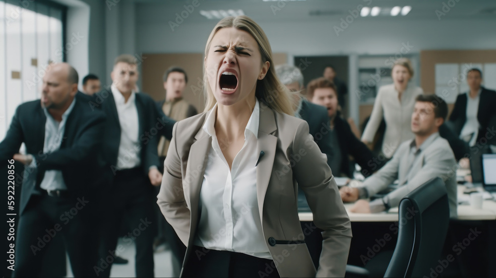 Angry businesswoman screaming in office with colleagues in the background. Generative AI Angry businesswoman screaming in office with colleagues in the background. Generative AI