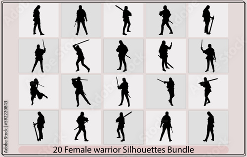 Knight woman silhouette. Stylized silhouette of walking woman warrior with sword,Vector Silhouette of a fantasy female warrior archer aiming at her target