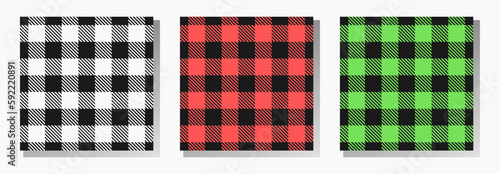 Gingham seamless patterns. Lumberjack plaid vector collection in white, red and green colors on black background. Best for textile, wrapping paper, package and home decoration.