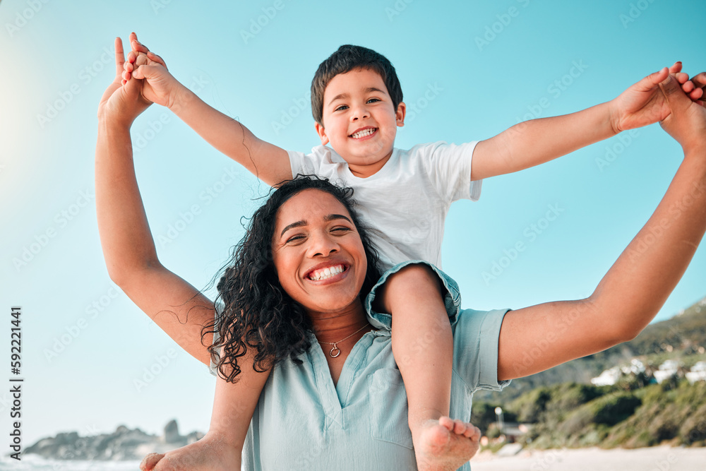 Family, happy and portrait at beach for summer with child and mother holding hands for fun. Happy woman and boy kid playing for happiness, freedom and adventure on a travel holiday with love outdoor Family, happy and portrait at beach for summer with child and mother holding hands for fun. Happy woman and boy kid playing for happiness, freedom and adventure on a travel holiday with love outdoor