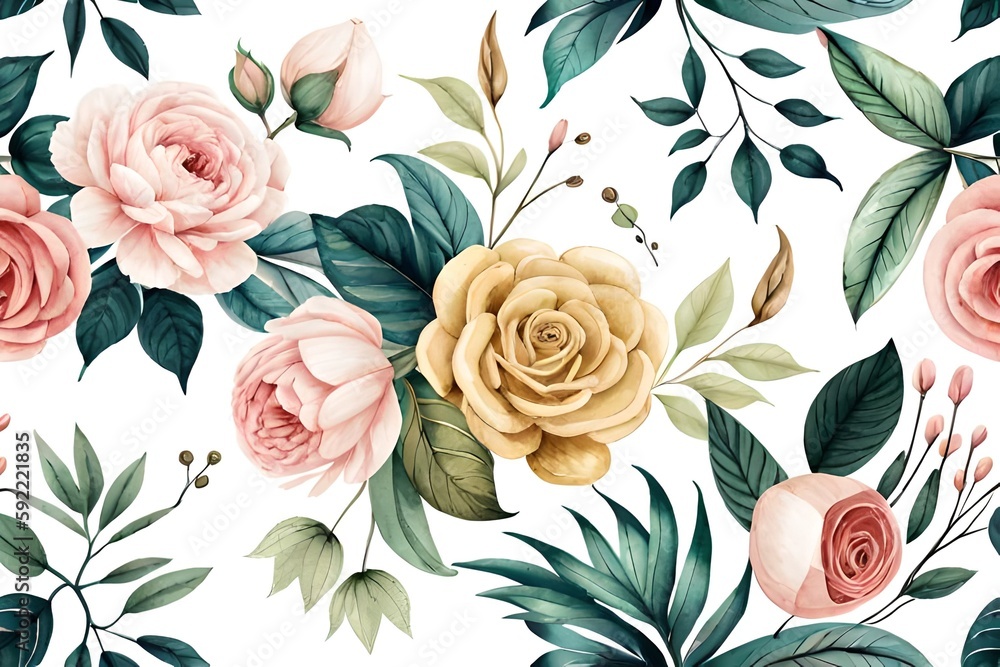 Watercolor seamless border - illustration with green gold leaves, white flowers, rose, peony and branches, for wedding stationary, greetings, wallpapers, fashion, backgrounds, wrappers, cards