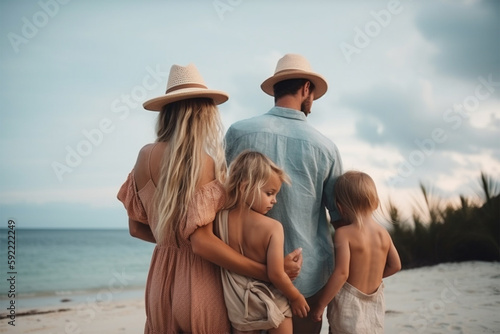 happy family with two children stands on the seashore and hugs. back view.Generative AI © Margo_Alexa