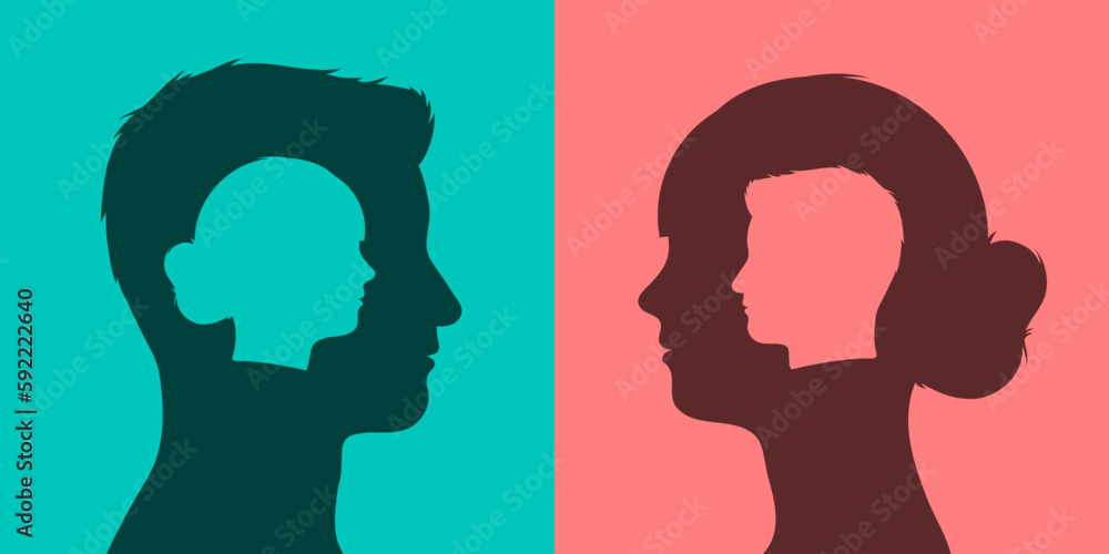 Vector of woman and man head silhouettes exchanging ideas with open mind - relationship concept