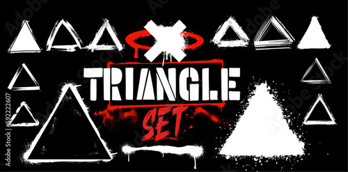 Spray triangle texture, graffiti stencil set. Lines and drips black ink splatters, Ink blots set, street art style. Isolated collection with high level tracing. Vector spray collection