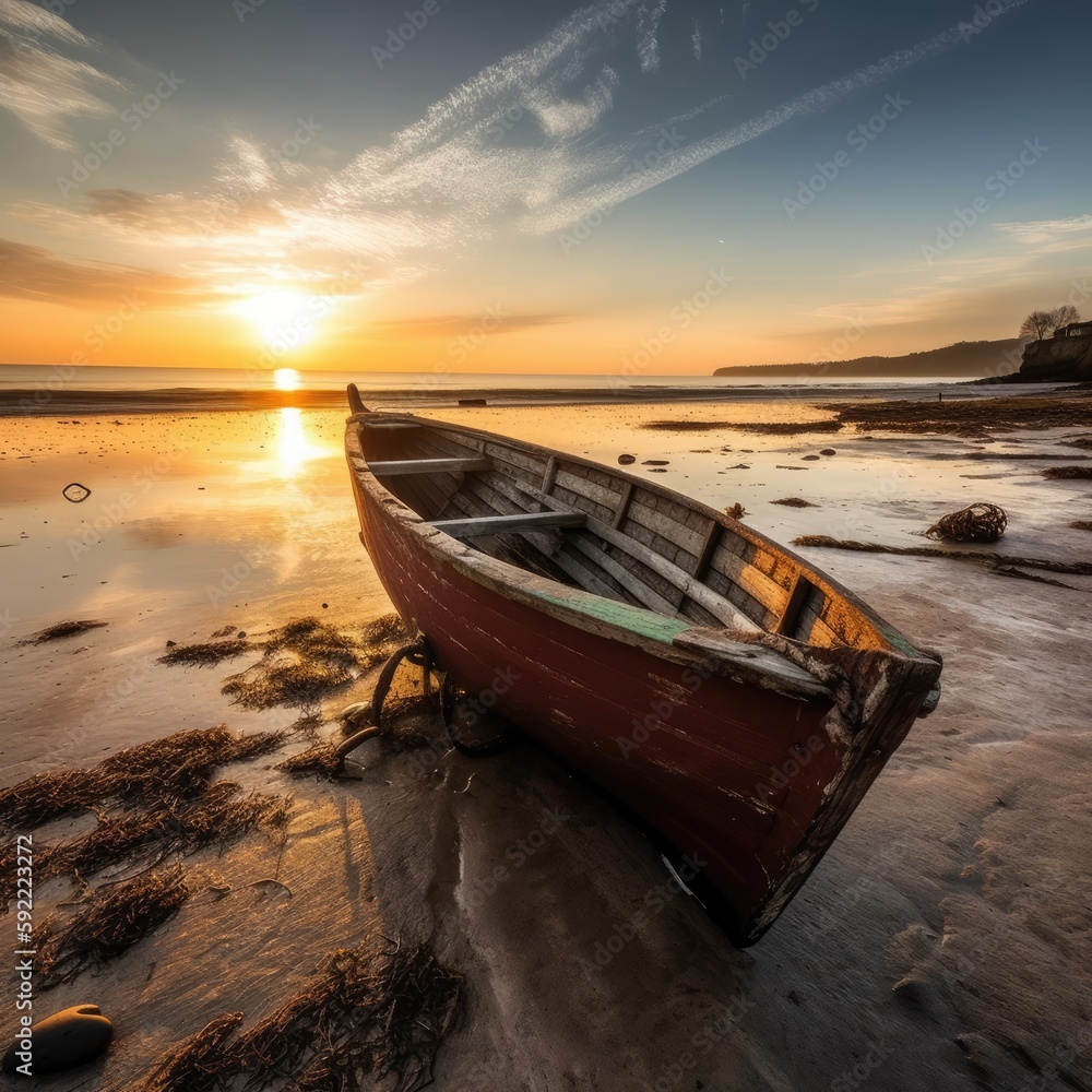 wooden boat on the beach at beautiful sunset, generative AI wooden boat on the beach at beautiful sunset, generative AI