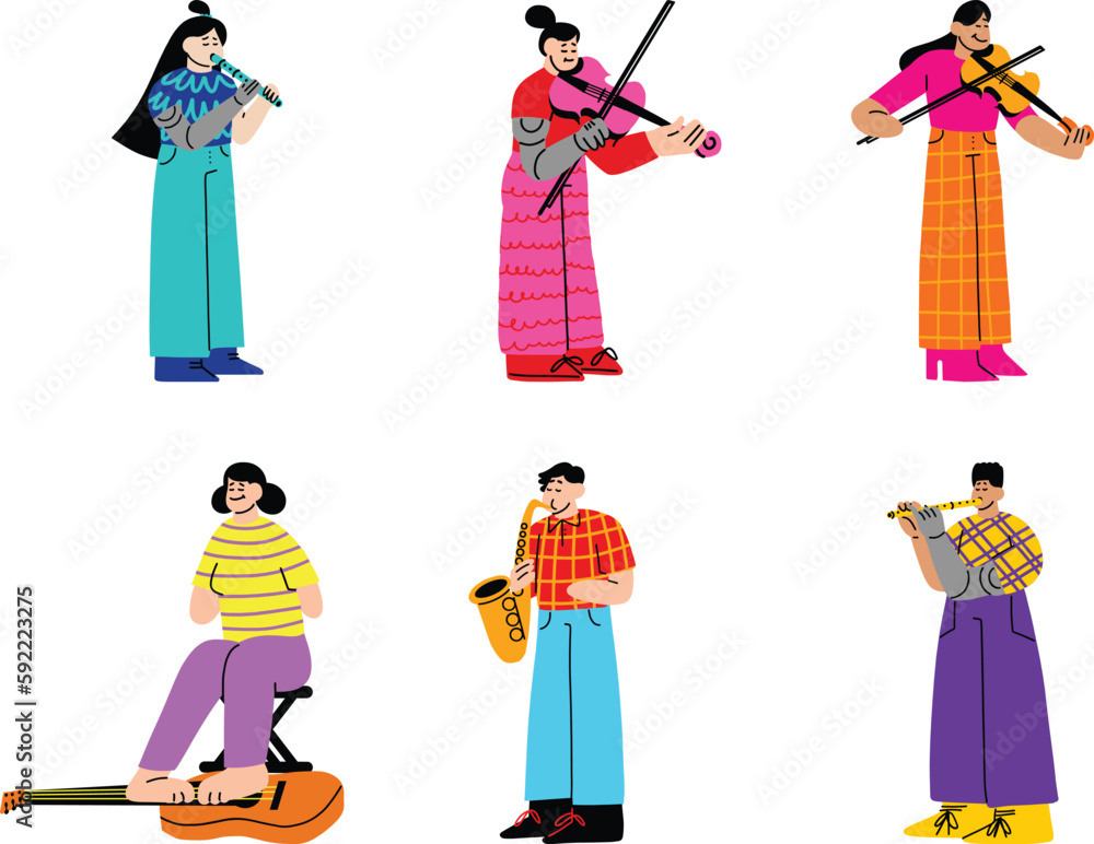 Set of people in Korean traditional clothes. Vector illustration isolated on white background.