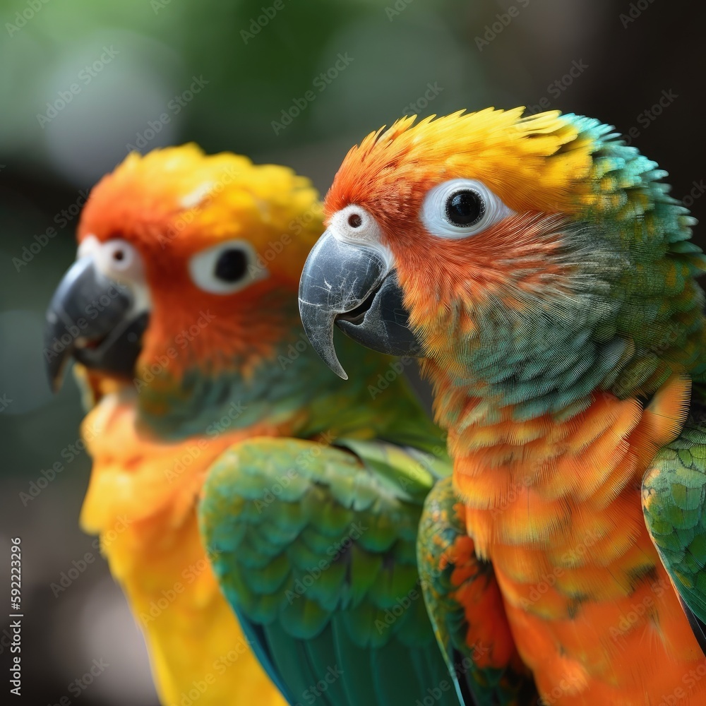 portrait of two parrots, orange and green parrots, beautiful close-up animal photography, generative AI portrait of two parrots, orange and green parrots, beautiful close-up animal photography, generative AI