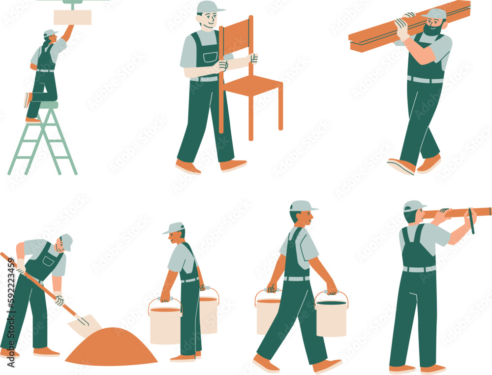 Set of builders working with construction tools. Vector illustration in flat style