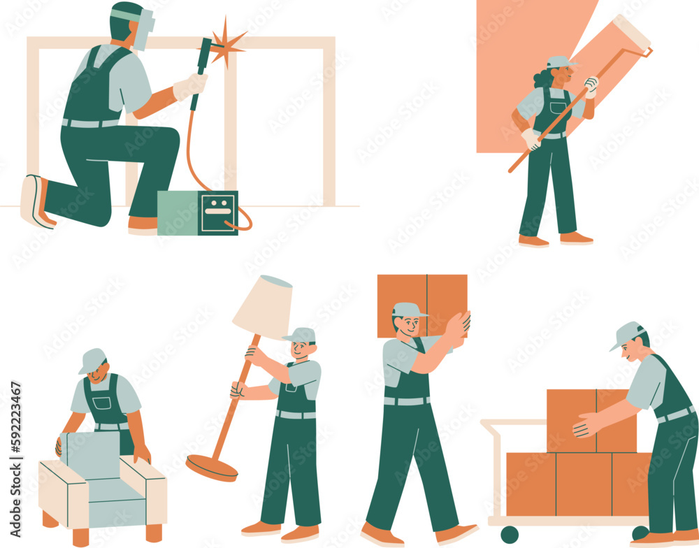 Set of different workers with tools. Flat vector illustration isolated on white background.