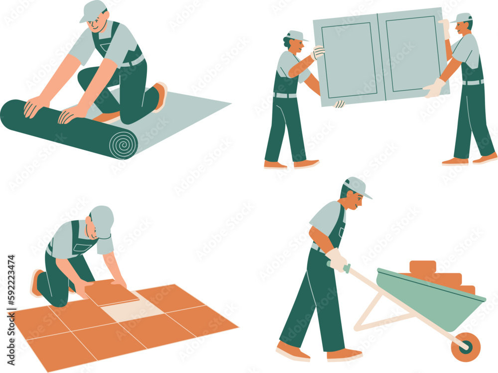 Set of workers installing floor tiles. Vector illustration in flat style. Set of workers installing floor tiles. Vector illustration in flat style.