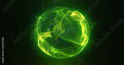 Abstract green energy sphere of particles and waves of magical glowing on a dark background