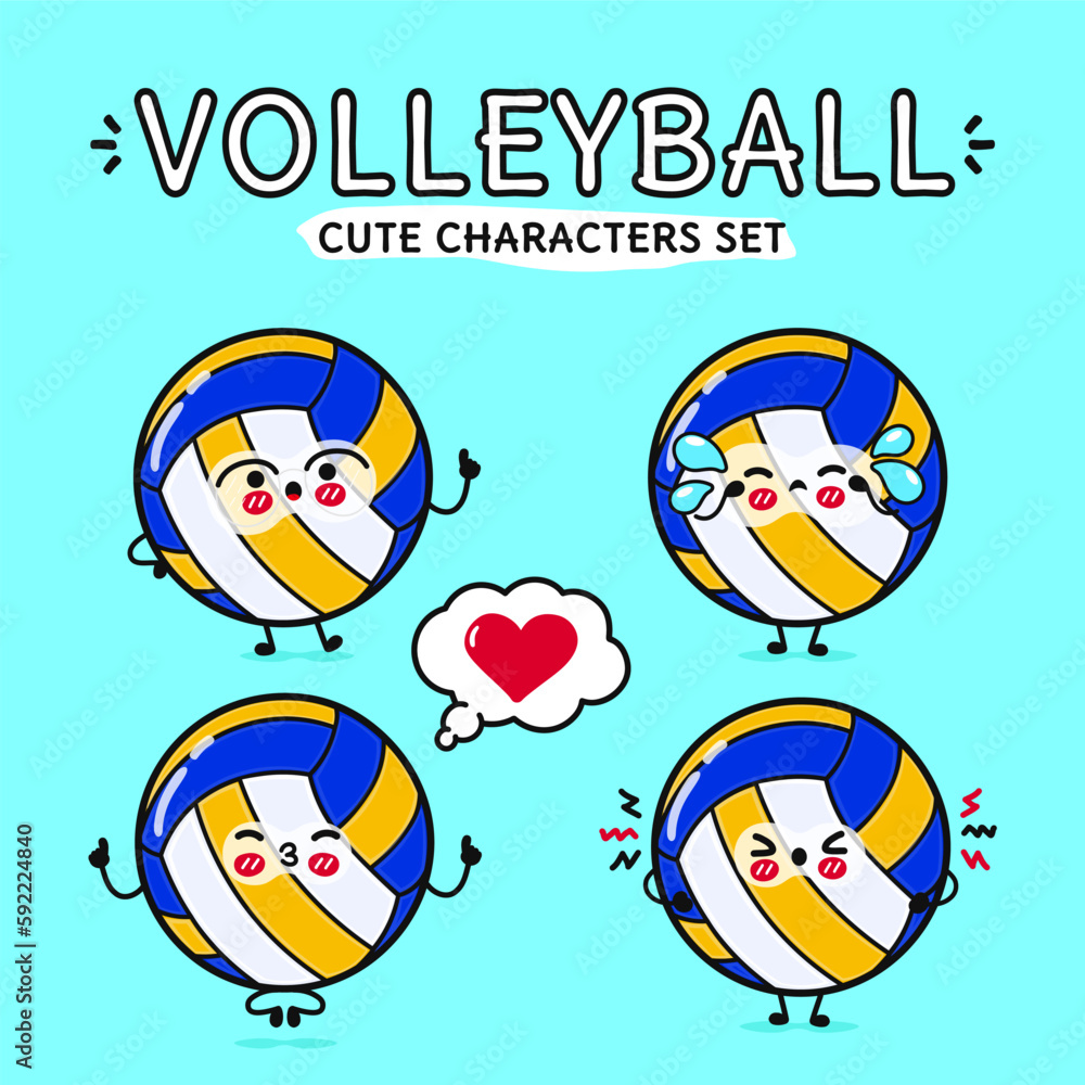 Funny cute happy volleyball characters bundle set. Vector hand drawn doodle style cartoon character illustration icon design. Isolated on blue background. Volleyball ball mascot character collection Funny cute happy volleyball characters bundle set. Vector hand drawn doodle style cartoon character illustration icon design. Isolated on blue background. Volleyball ball mascot character collection