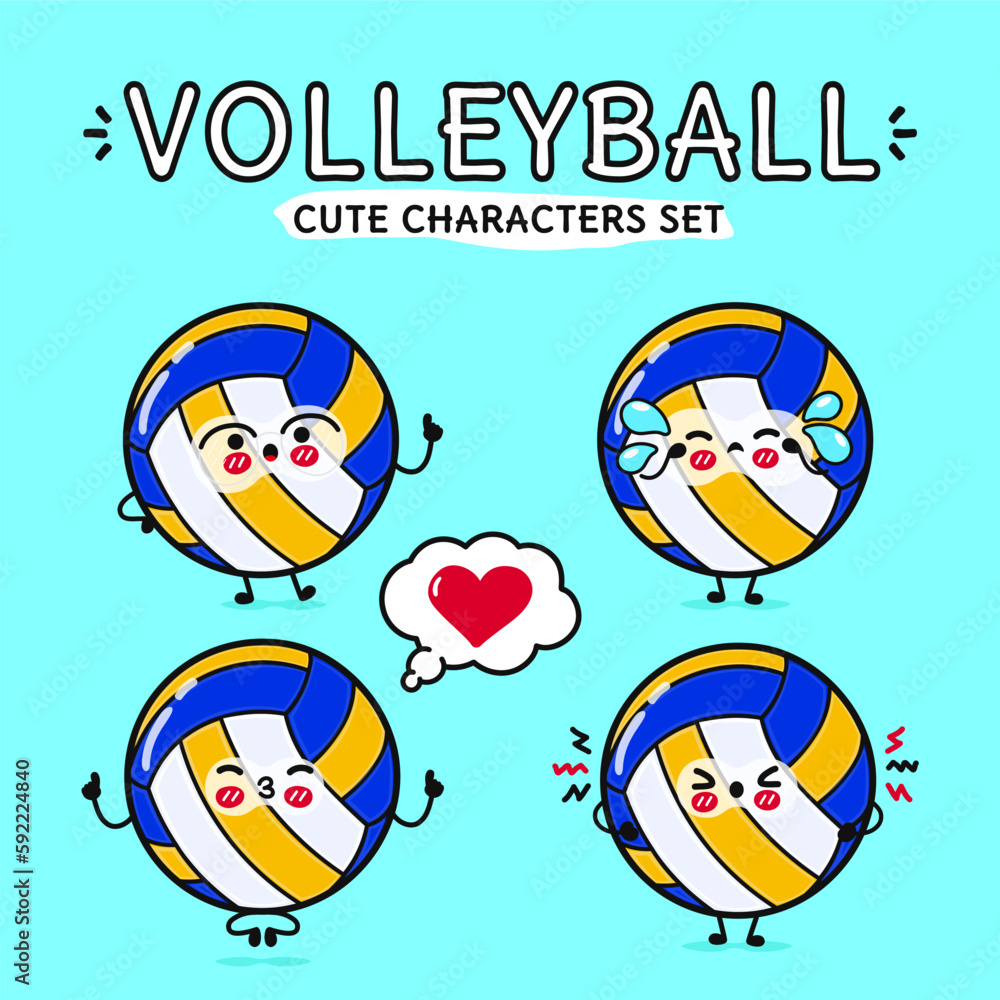 Funny cute happy volleyball characters bundle set. Vector hand drawn doodle style cartoon character illustration icon design. Isolated on blue background. Volleyball ball mascot character collection