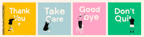 Set of diverse people standing, sitting and writing on a wall. Various phrases, quotes, big letters. Back view. Cartoon style character. Isolated design elements. Hand drawn trendy Vector illustration