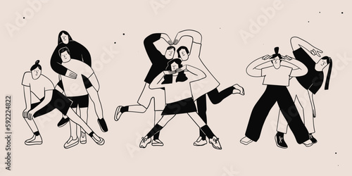 Groups of happy People set. Friends or coworkers are standing, posing together, looking at camera. Cartoon characters. Community, friendship, teamwork concept. Hand drawn colorful Vector illustration