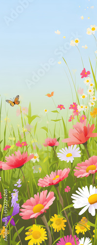 Fr  hlings Blumenwiese Hintergrund Banner Illustration mit Schmetterlinge  Generative AI 