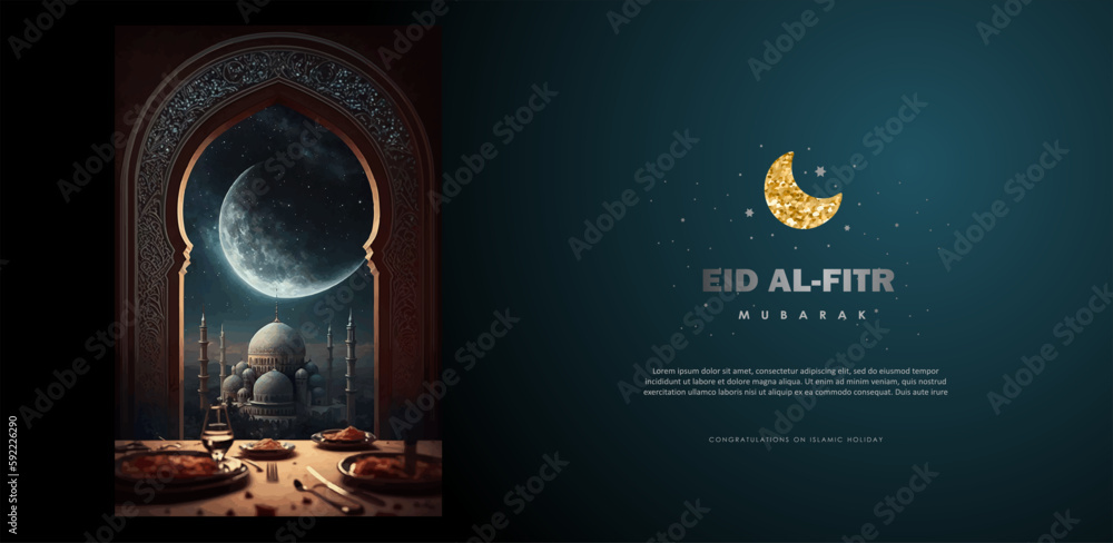 Obraz Eid Mubarak, Eid al-Fitr and Ramadan.
Vector illustrations of a holiday, an evening mosque with a crescent moon,  for a greeting card, banner and background fototapeta, plakat