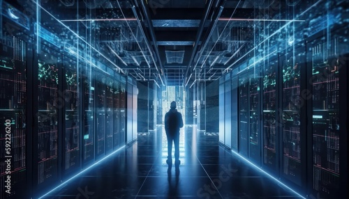 Cybersecurity specialist standing in the middle of a server room