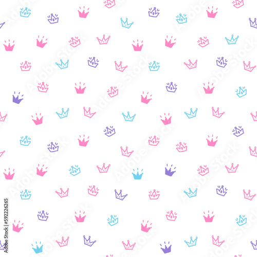 Seamless pattern with crowns in pastel colors on a white background in doodle style.