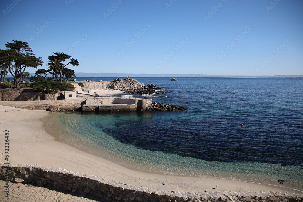 Aerial view of the rocky shore of Pacific Grove in California