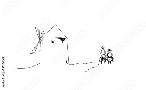 Don Quijote de la Mancha y Sancho Panza con paisaje de molino de viento. Ilustración de dibujo a linea negra. Sin fondo photo