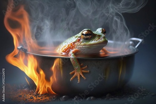Frog bathing in hot water with fire beneath it, Generative Ai