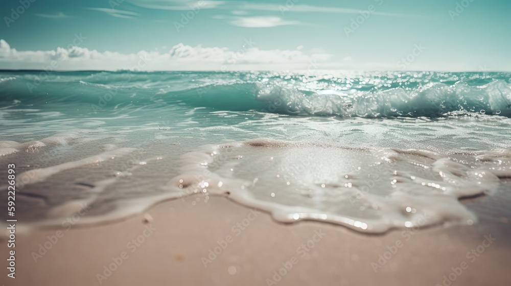 close up vintage tone color picture, of white foam waves crashing on fine sand beach, tropical island atmosphere, Generative Ai