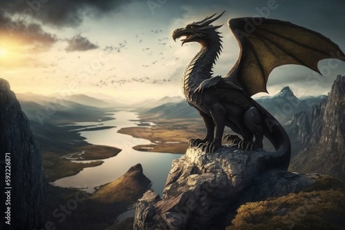 Illustration of a dragon statue perched atop a majestic mountain landscape created with Generative AI technology © Flowstudio