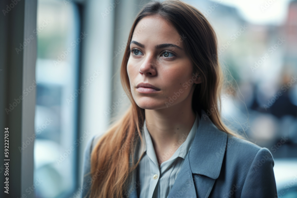 Naklejka premium Beautiful businesswoman taking a break while looking forwards to the window at the office. Generative AI
