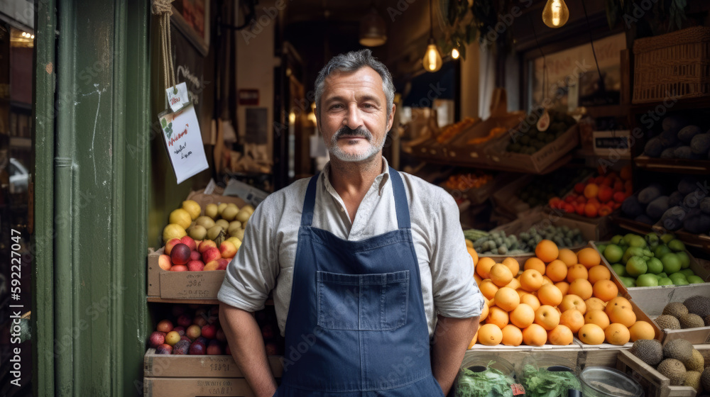 Middle aged shopkeeper posing proudly in front of his fruit shop. Generative AI Middle aged shopkeeper posing proudly in front of his fruit shop. Generative AI