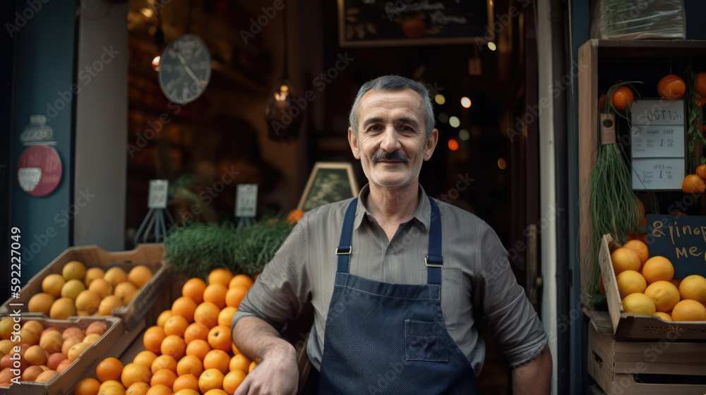 Fototapeta premium Middle aged shopkeeper posing proudly in front of his fruit shop. Generative AI