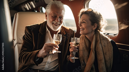 Happy millionaire couple in love toasting with champagne sitting in their private jet. Generative AI photo