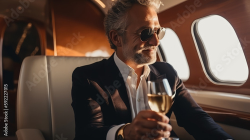 Happy millionaire mature man drinking a glass of champagne sitting in his private jet. Generative AI