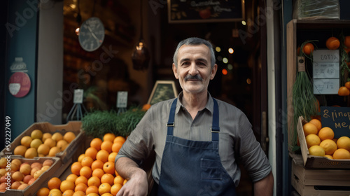 Middle aged shopkeeper posing proudly in front of his fruit shop. Generative AI