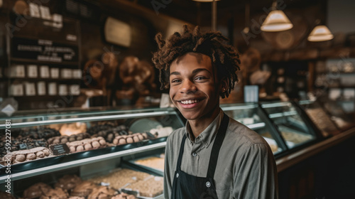 Smiling young shopkeeper man posing proudly in front of the counter of the pastry shop. Generative AI