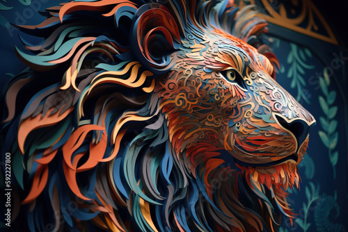 Artistic lion portrait paper cut technique. Digitally generated AI image