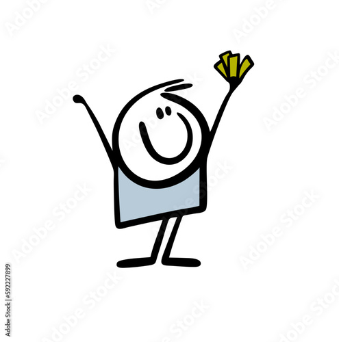 Happy lucky winner holds cash money in rising hands.
